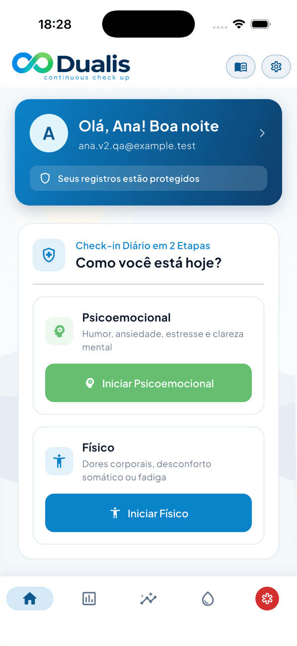 Tela inicial do app Dualis com o check-in diário "Como você está hoje?"